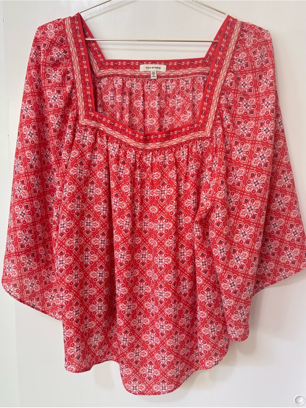 Max Studio| Red & White Printed Square-Neck Breezy Boho Kerchief Blouse Sz M